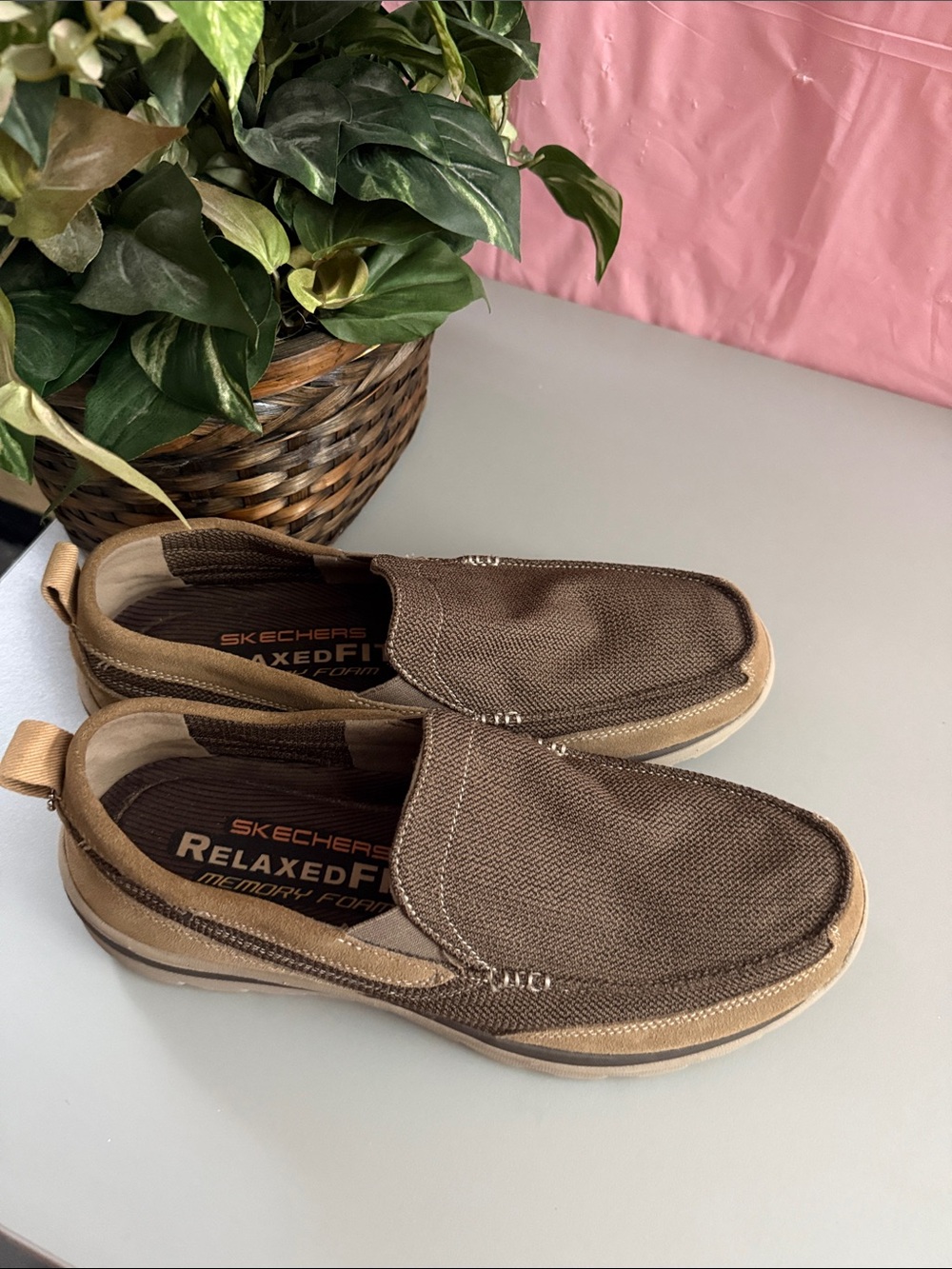 Skechers Relaxed Fit Brown Canvas Slip-On Loafers with Tan Trim